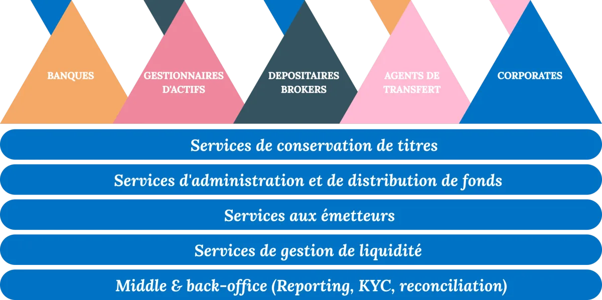 Schéma des acteurs concernés (banques, gestionnaires d’actifs, dépositaires et brokers, agents de transfert, corporates) et des services impactés : conservation de titres, administration et distribution de fonds, services aux émetteurs, gestion de liquidité, middle et back-office.